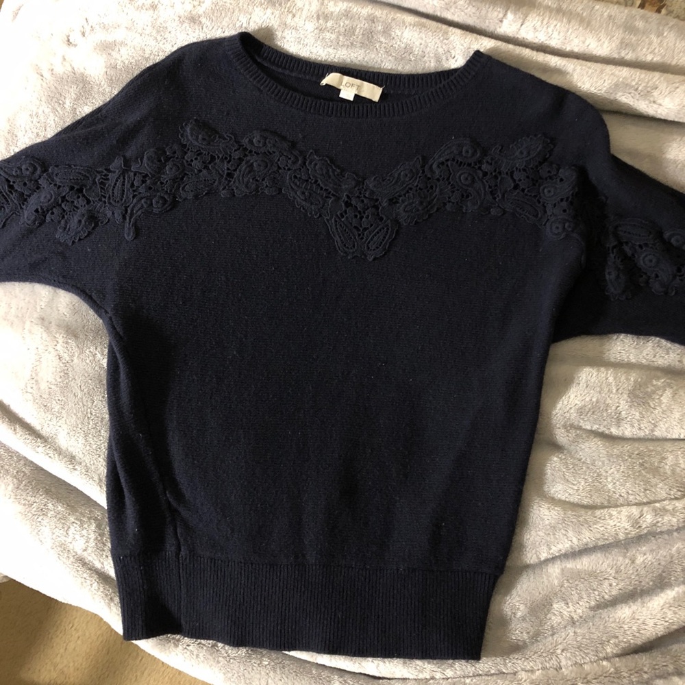 LOFT Navy 3/4 Sleeve Embroidered Sweater